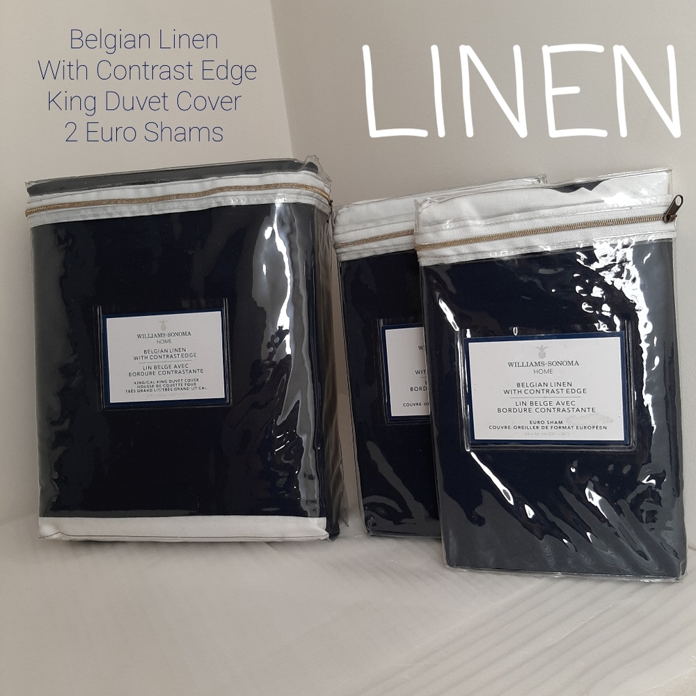 Williams Sonoma Belgian Linen Contrast Edge King Duvet & Euro Shams Navy Blue
